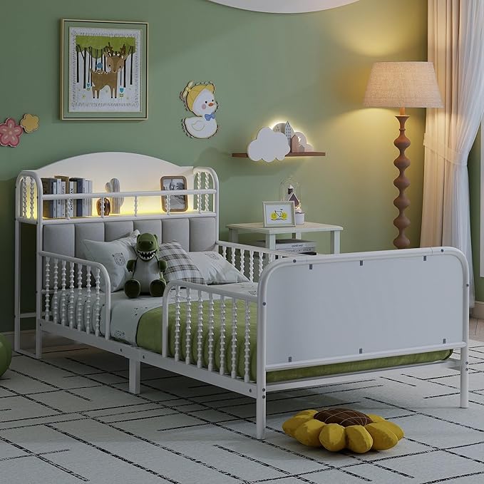 Ball & Cast Twin Size Toddler Bed W/LED Light,Metal Bed W/Linen Fabric Upholstered Storage Headboard,Platform Bed Frame W/Safety Guardrails & Low Profile Design,for Boys Girls,White