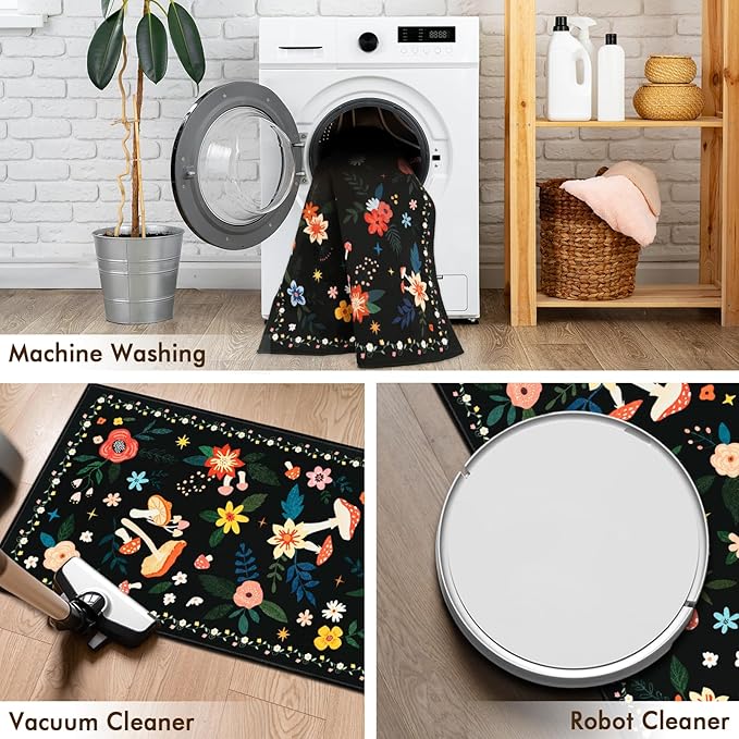 2x6 Machine Washable Kitchen Runner Rug, Non-Slip Vintage Floral Hallway Rug, Low Pile Carpet Runners for Laundry Room, Entryway, Bedroom & Kitchen(2x6 Black Mushroom)