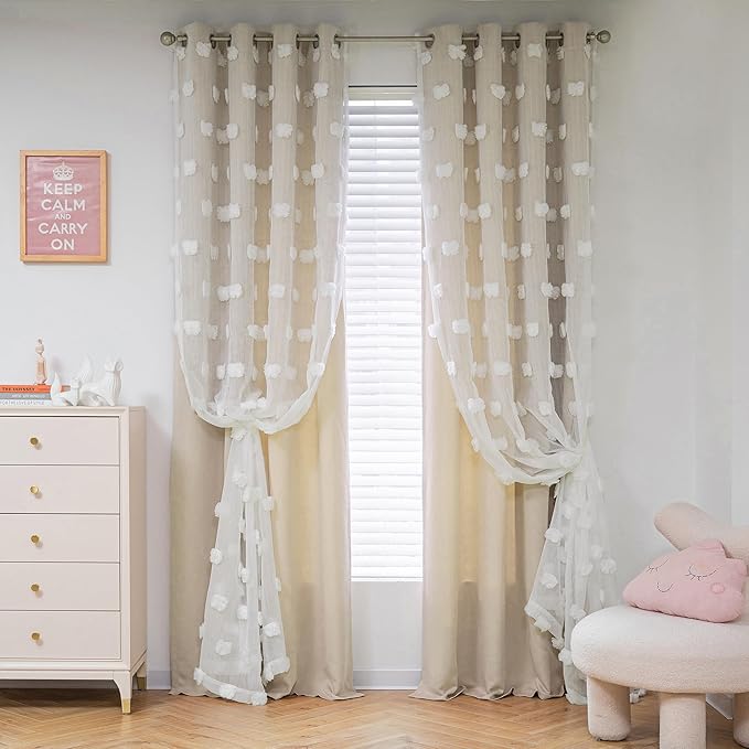 MYSKY HOME Beige Curtains for Living Room 90 Inches Long Nursery Curtains for Bedroom Double Layer Curtains White Pom Pom Sheer Curtains for Dining Room Grommet Room Darkening Window Panels W52 X L90
