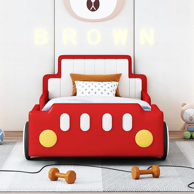 Twin Size Race Car-Shaped Platform Bed with Wheels, Unique Design Floor Bed with PU Leather Headboard and Safety Guardrails, Wood Slat Support for Kids,Boys,Girls (Red-100A)