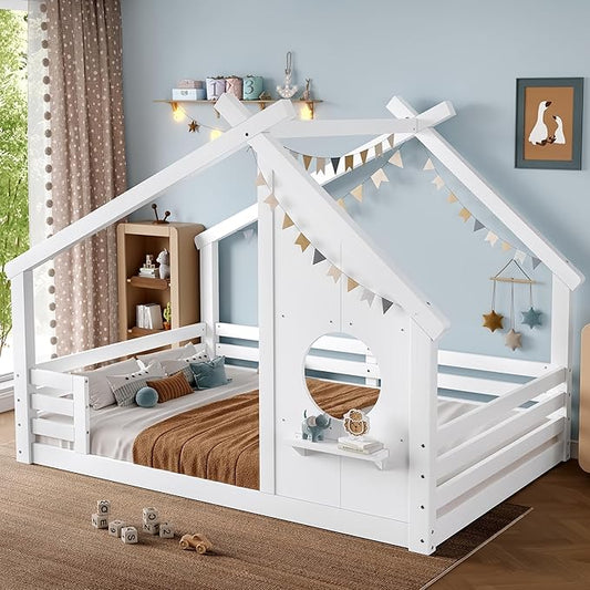 Polibi Full Size Floor Bed with House-Shaped Roof,Window and a Small Shelf, Solid Wood Low Profile Floor Bed for Kids, No Box Spring, White