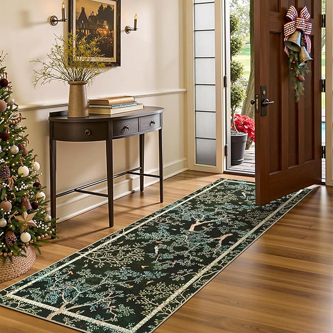 jinchan Yarden Moss Green Botanical Birds 3x8 Christmas Runner Rug for Hallway - Washable Non-Slip Soft Nature Plants Modern Runner Carpet,Vintage Low Pile Rug for Entryway Living Room Kitchen