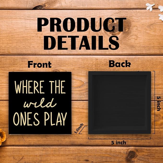 Where The Wild Ones Play Black Yellow Wood Box Sign Desk Decor 5X5, Nursery Kids Room Wooden Block Sign Decorations for Playroom Toddler Room Wall Tabletop Shelf Decor