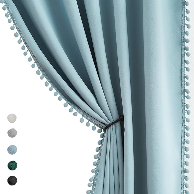 Treatmentex 100% Blackout Curtain Blue Sliding Door Curtains Pom Pom Extra Wide Glass Door Curtains for Living Room Energy Efficient Thermal Patio Door Drapes Grommet Top 1pc 100x84 Light Blue