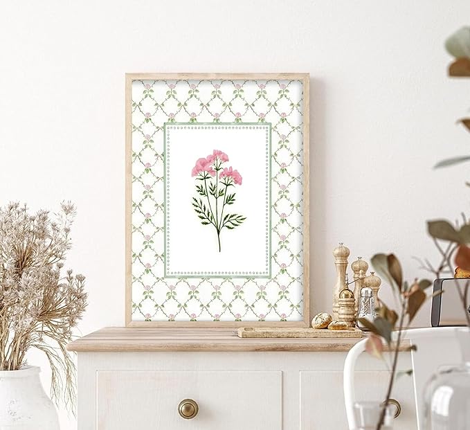3PCS Green Plaid Pink Floral Wall Art Wildflower Baby Room Painting Picture Wall Decor Botanical Flower Boho Poster Print Artwork for Bedroom living room baby room children's room dining room Home Decoration