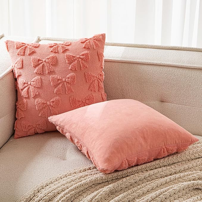 MIULEE Coral Red Bow Pillow Covers Coquette Room Decor Aesthetic Set of 2 Decorative Cute Girl Throw Pillow Soft Plush Faux Pillowcase for Girl Bed Couch Sofa,18x18 Inch