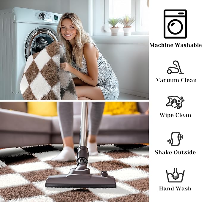 KICMOR Round Rugs 5ft Brown and Cream White Circle Area Rug, Fluffy Soft Fuzzy Shag Shaggy Bedroom Living Room Carpet, Indoor Checkered Circular Rug for Kids Boys Girls Home Decor Aesthetic, Nursery