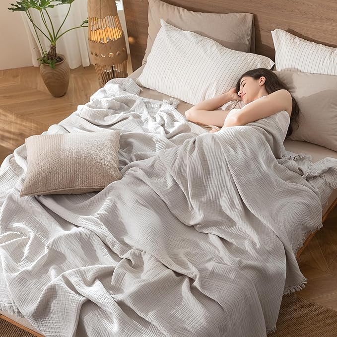 MooMee Muslin Blanket - 100% Cotton 4-Layer Gauze Throw Blanket with All-Around Fringe, Ultra-Soft Breathable Lightweight Cooling Decorative for Bed, Sofa & Couch (Light Grey, Queen 90" x 90")