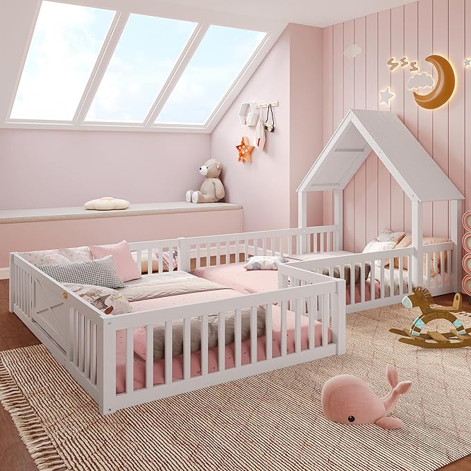 Harper & Bright Designs Full Size House Shaped Double Floor Bed with Door and Full-Length Guardrails, Solid Wood Kids Montessori Floor Bed for Girls Boys, Multi-Function, White