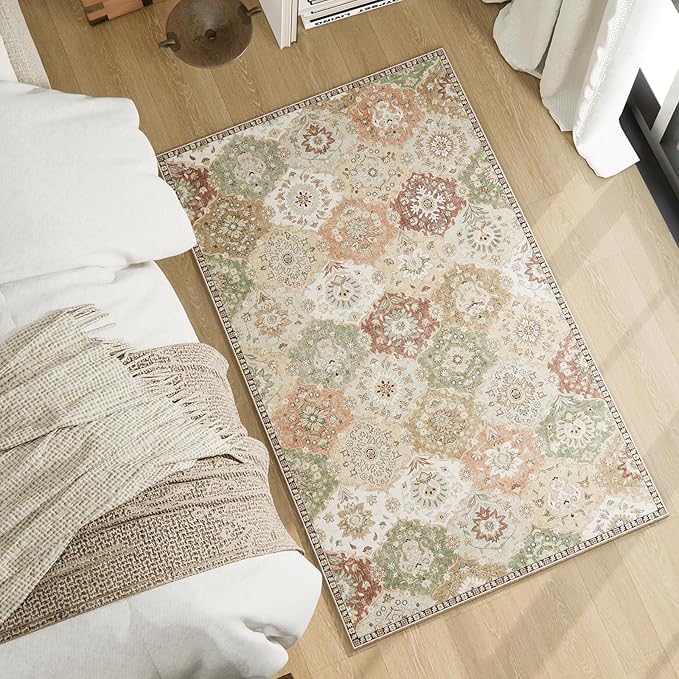 Area Rugs 4x6 Rug for Bedroom, Clearance Washable Area Rug, Non-Slip Lightweight Low Pile Rug for Living Room Dining Room Nursery Room Entryway,Multi/Green