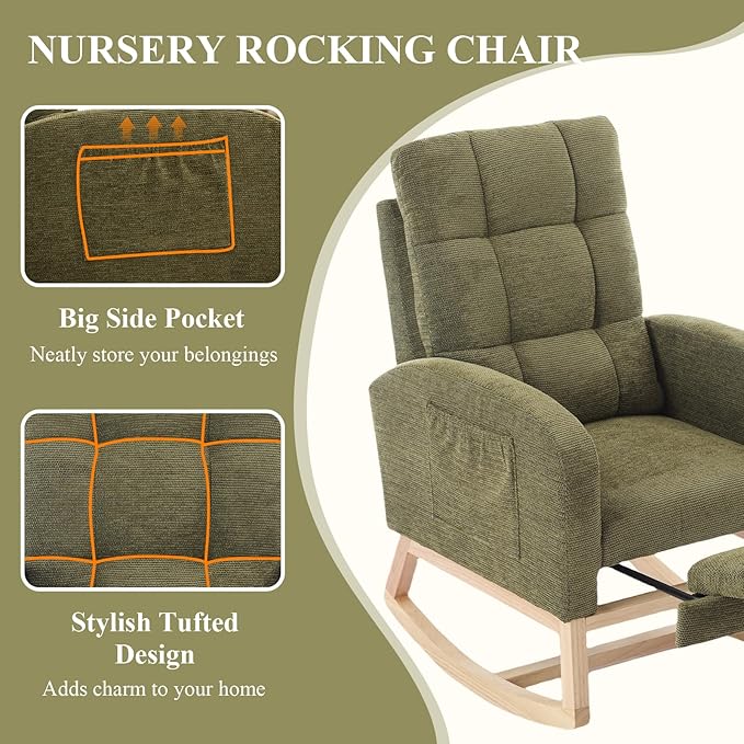 Nursery Rocking Chair, Polyester Upholstered Glider Chair with Footrest, Comfy Rocker Chair, Accent Chair with High Backrest, Glider Rocker, Armchair for Living Room (Green Linen)