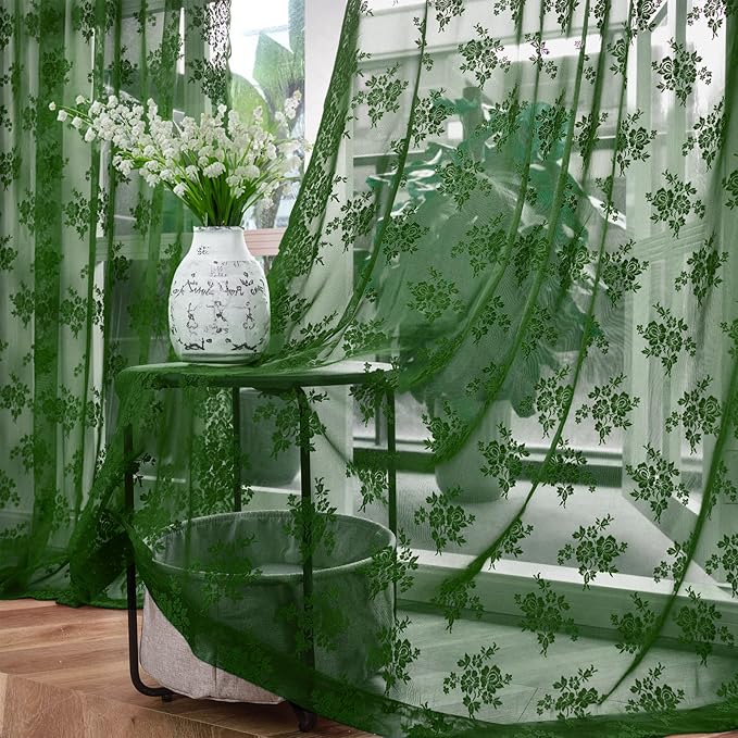Kotile Dark Green Sheer Curtains 45 Inch Length 2 Panels Set Rustic Floral Froest Hunter Green Short Lace Curtains for Small Windows, Rod Pocket Privacy Sheer Lace Café Curtains, Each 42 x 45 Inch