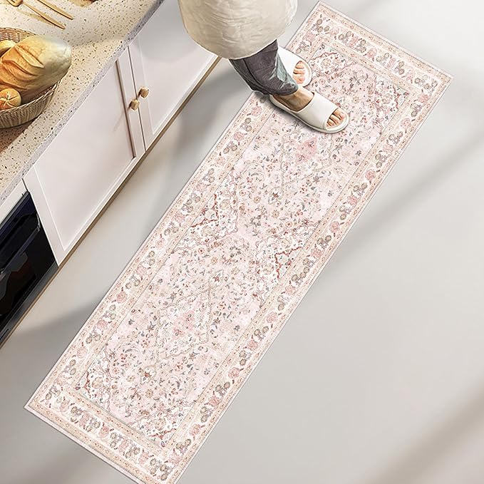 Vhong Pink Area Rugs Washable Boho Vintage Modern Neutral Runner 2×6 Carpet for Kitchen Hallway Living Room Girls' Room Nursery Room Non Slip