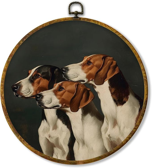 Hiuwevt Hound Dog Round Wall Art Decor, Whimsical Dark Moody Three English Foxhounds Framed Canvas Prints, Retro Dogs Portrait Round Wall Hanging Decor for Bedroom Home Decorations, 10x10 Inches