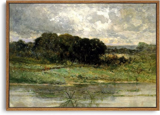OIQArtOIQ Framed Vintage Landscape Wall Art Lake Natural Scenery Oil Painting Canvas Prints Country Farmhouse Decor Aesthetic Pictures for Kitchen Bedroom Living Room Bathroom