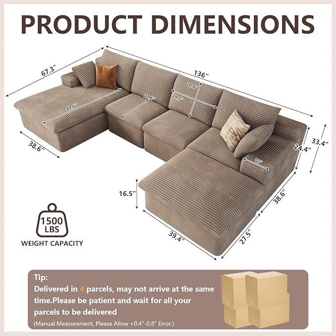 136" Cloud Modular Sectional Sofa with 1 Ottoman, Modern Upholstered Corduroy Couches, Deep Seat Boneless Couch, Comfort U Shaped Sofa for Living Room, No Assembly Required(Camel,Left Facing Chaise)