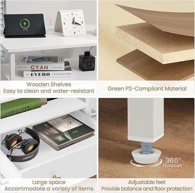 27 Inch Wide Night Stand with Charging Station, Wood Nightstand with Open Shelf, Large Drawer Bedside Table for Living Room/Bedroom/Office (White)