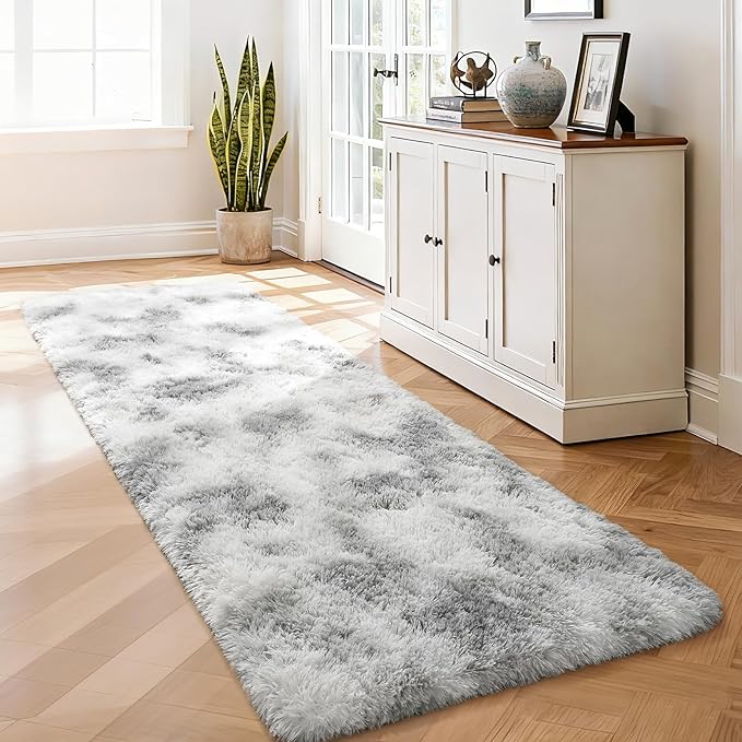 Merelax Soft 2x6 Abstract Runner Rugs for Bedroom Living Room, Tie-Dyed White Grey Plush Fluffy Rug, Shag Furry Area Rug Carpet Non-Slip for Nursery Children Kids Girls Room Home Decor Aesthetic