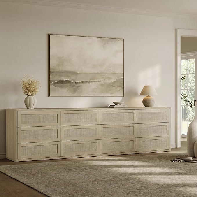 SICOTAS Dresser for Bedroom 12 Drawer Dressers & Chests of Drawers for Nursery Large Long Rattan TV Stand Set for Bedroom Living Room 103" Wide Boho Clothes Closet Storage for Closet Hallway Entryway