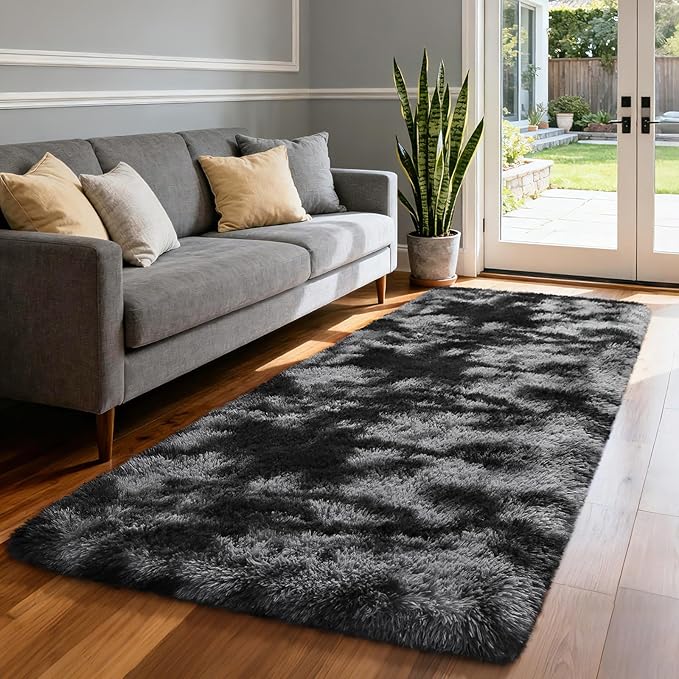 Merelax Soft Area Rugs for Livingroom Bedroom, Shaggy Plush Fuzzy Fluffy Carpet Furry Fur Rug, Modern Indoor Comfy Nursery Kids Dorm Home Decor Floor Mat, 2 x 6 ft, Tie-Dyed Black & Grey