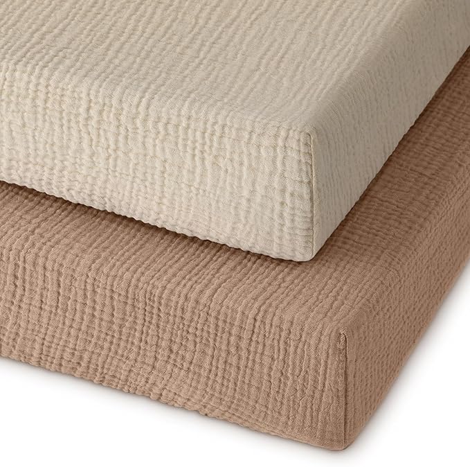 Muslin Pack and Play Sheets Fitted, 100% Cotton Mini Crib Sheets 2 Pack for Pack N Play Mattress, Stretchy Playard Sheet, Soft and Breathable Beige & Brown