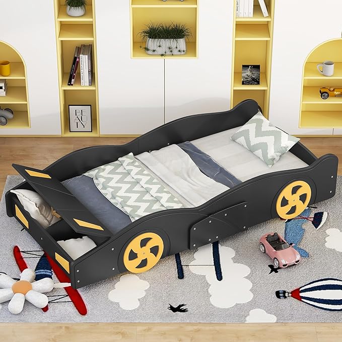 Twin Size Race Car Bed for Kids, Car-Shaped Bed Frame with Wheels and Storage Footboard for Boys, Wood Slats Support,No Box Spring Needed, Black+Yellow