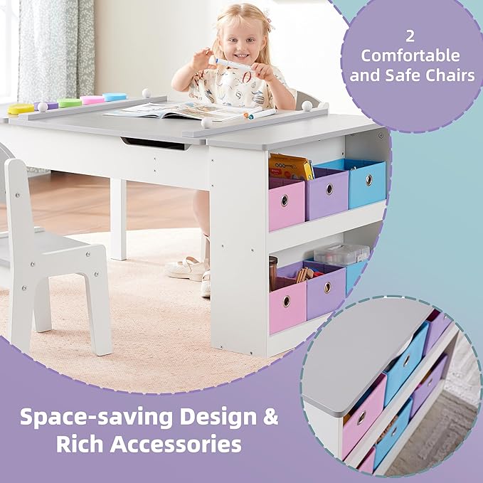 Kids Art Table and Art Easel Table & 2 Chair Set, 2 in 1 Toddler Craft and Play Wood Activity Table with Storage Bins and Paper Roll (Grey & White)