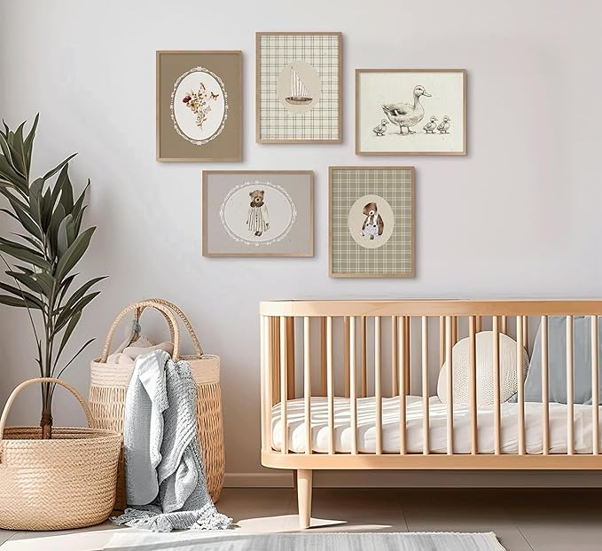 Vintage Nursery Wall Art Kids Room Canvas Wall Decor Animal Pictures Cute Duck and Woodland Bear Posters Neutral Floral and Sailboat Painting Print Artwork for Baby Boy Girl Room Playroom, Unframed