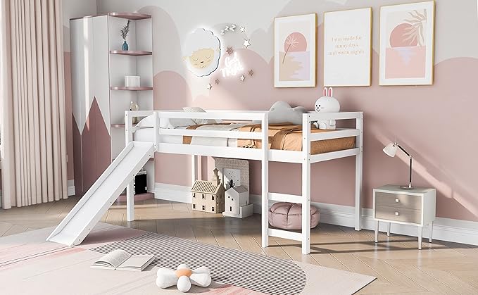 Loft Twin Bed Frame for Boys Girls Kids Toddler with Slide, Multifunctional Design, Twin (White)