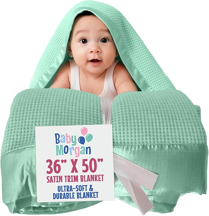 Blankets Thermal Waffle Baby Blanket Crib Bedding - Soft Cozy Warm Infant Thermal Cover for Nursery Stroller or Bassinet, Lightweight Ideal Shower Gift, Satin Trim Mint Green 36" x 50"