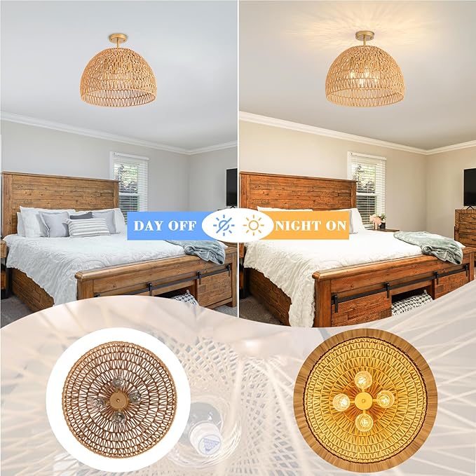 Rattan Ceiling Light Fixture, 4-Light Boho Semi Flush Mount Ceiling Light, 20" Wicker Light Fixture with Handmade Woven Cage Lampshade, Rattan Chandelier for Bedroom Hallway Nursery Kitchen Farmhouse