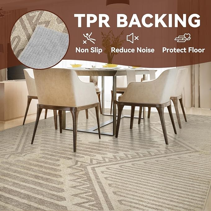 Boho Beige 9x12 Area Rugs Textured Tufted Rugs for Living Room Bedroom Nursery Rug-Carpet Washable Cream Neutral Modern Geometric Moroccan Aztec Rug