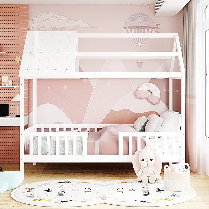 Bellemave Twin House BedFrame with Roof, Montessori Floor Bed, House Bed with Rails for Kids, White