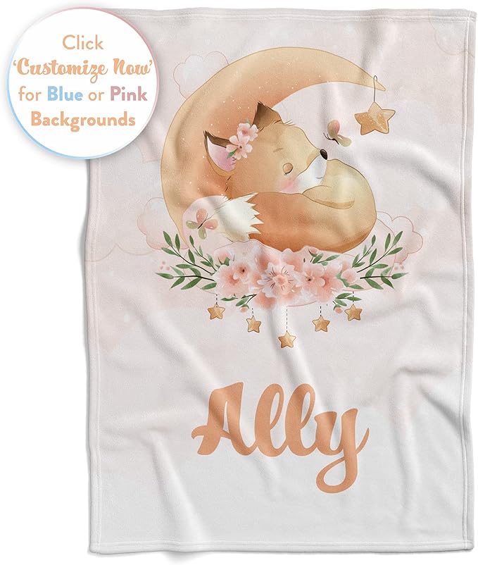Custom Baby Blankets with Name | Personalized Fox Newborn Blanket for Baby Girl and Baby Boy | Unisex Warm Soft Sherpa Swaddle Blanket Minky | (Fox, Sherpa 50"x60")