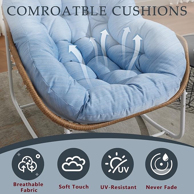 Oversized Outdoor Papasan Rocking Chair Set of 2 with Soft Cushion, Comfy Patio Egg Chair, Wicker Lounge Rocker for Balcony/Porch/Garden, Reinforced All Weather Rattan Frame, Sky Blue