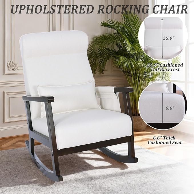 NOBLEMOOD Rocking Chair with Ottoman, Upholstered Nursing Glider Rocker with Side Pocket & Pillow, Comfy High Back Reading Chair with Solid Wood Legs for Nursery/Living Room/Bedroom