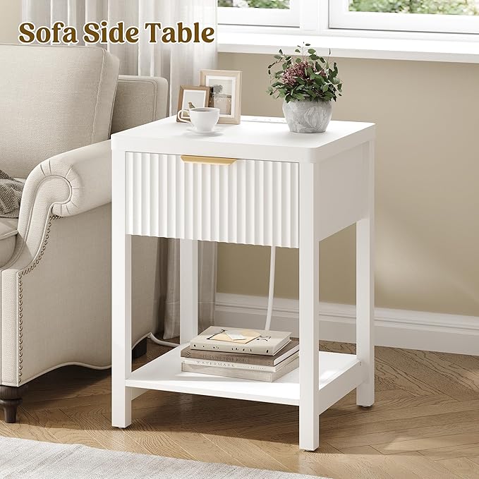 Lulive Night Stand Set 2, Fluted Nightstand with Charging Station, Wood Modern Bedside End Table with Storage Drawer for Bedroom, Save Space (Set of 2, White)