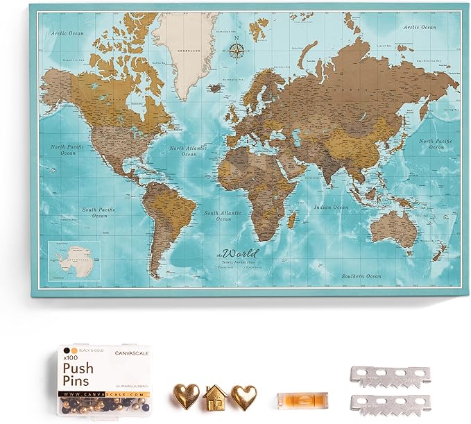 Canvas World Map with Cork Pin Board - English Lettering - Decorative Wall Decoration for All Rooms - Canvas Pictures with World Map Motif (120x80 cm, Pattern 10)