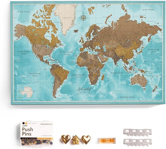 Canvas World Map with Cork Pin Board - English Lettering - Decorative Wall Decoration for All Rooms - Canvas Pictures with World Map Motif (120x80 cm, Pattern 10)