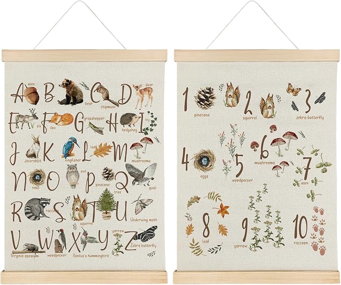 SereneHanctuary Alphabet Number Nursery Wall Art,Classroom Wall Decor, Animal Botanical ABC Numbers 1-10 Educational Poster Hanger Frame for Kids Room Classroom Decor,12x16 Inches Set of 2