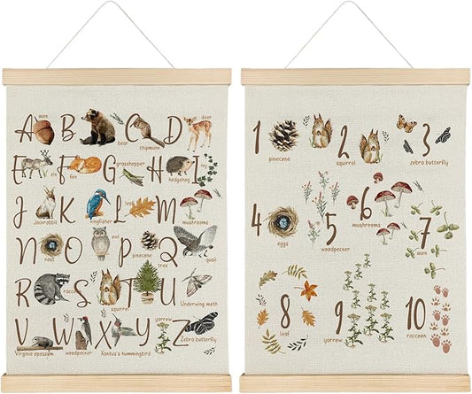 SereneHanctuary Alphabet Number Nursery Wall Art,Classroom Wall Decor, Animal Botanical ABC Numbers 1-10 Educational Poster Hanger Frame for Kids Room Classroom Decor,12x16 Inches Set of 2