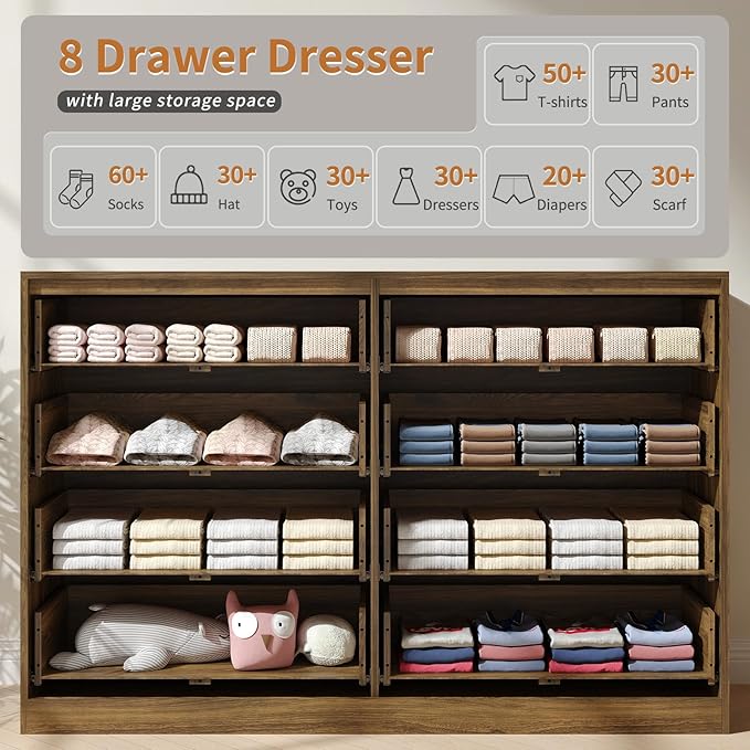 Fluted 8 Drawer Double Dresser Wood,55” Wide Bedroom Dresser Mid Century Chest of Drawers Wooden with Gold Handle,Dressers TV Stand for Bedroom,Living Room,Walnut