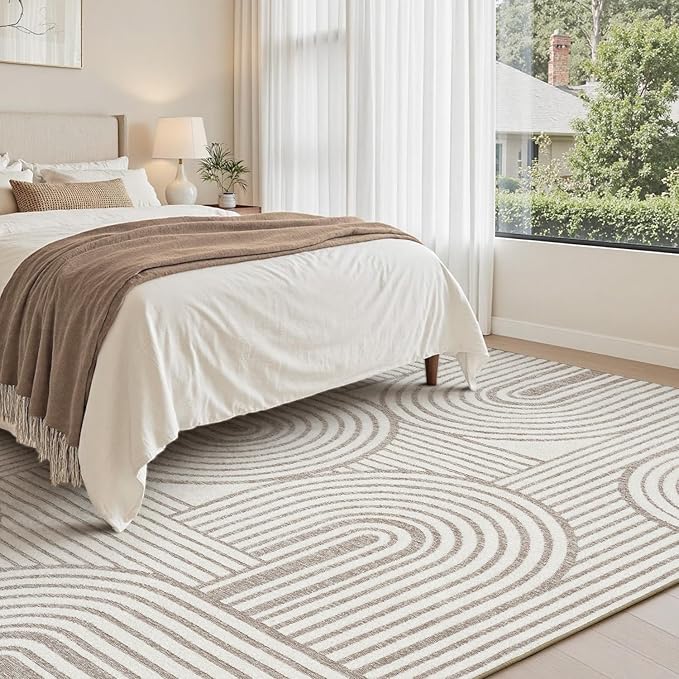 Modern 6x9 Area Rugs Textured Tufted Rugs for Living Room Bedroom Rug-Carpet Cream Ivory Washable Neutral Geometric Moroccan Boho Rug