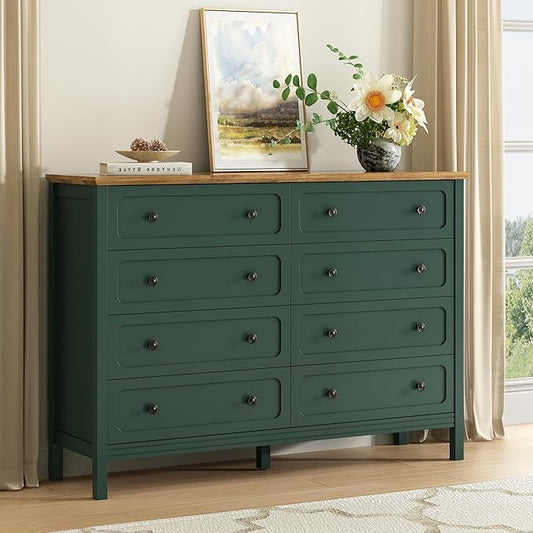 CARPETNAL Green Dresser for Bedroom, 55" Wide 8 Drawer Dresser with Metal Handles and Deep Drawers, Modern Large Wood Chest of Drawers for Living Room, Hallway.