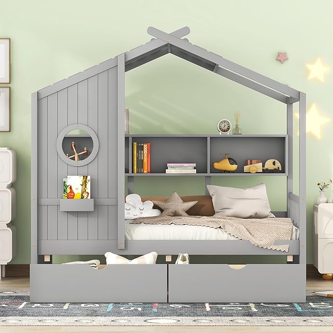 Merax Wood Twin House Daybed with Drawers & Book Shelf, Low Sofa Day Bed for Boys Girls No Box Spring Needed Gray