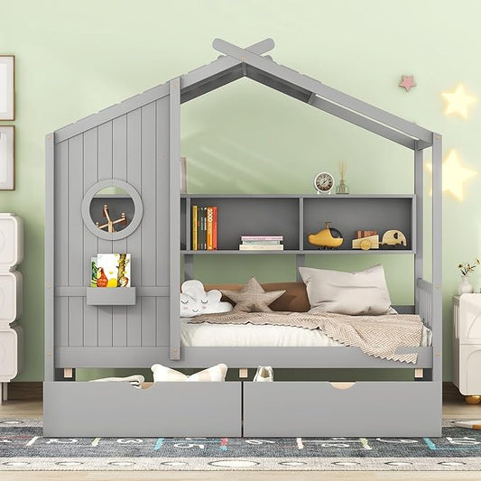 Harper & Bright Designs Twin Size Modern House Bed with Roof, Wooden Twin Size House Bed with 2 Drawers and Storage Shelf, Gray