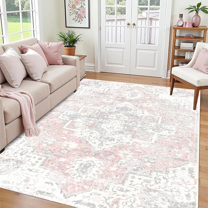 Large Washable Area Rug 6x9 Gray and Pink Non Slip Vintage Rugs for Living Room, Boho Accent Rug Soft Printed Floor Carpet for Nursery Dining Room