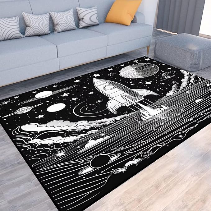 Space Rocket Rug for Boys Room Black and White Rugs Galaxy Stars Carpet Planet Throw Rugs for Kids Teens Doormat Bedroom Living Room,31 in X 47 in