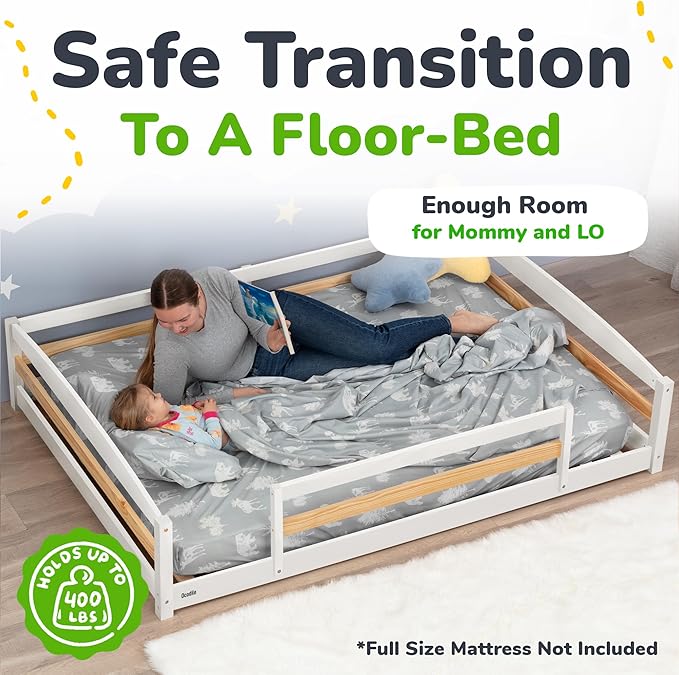 Ocodile Full Size Montessori Floor Bed for Kids - Strong Slatted Bed Frame with Full Rails - Ideal for Little Girls and Boys - White