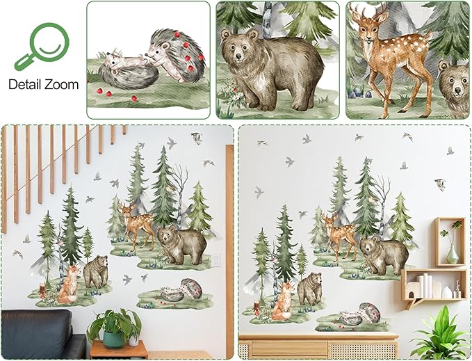 Large Jungle Animals Wall Decals Forest Tree Wall Decal Peel and Stick Woodland Bear Fox Deer Wall Stickers Giant Mountain Art for Bedroom Nursery Room BM6052-ZL